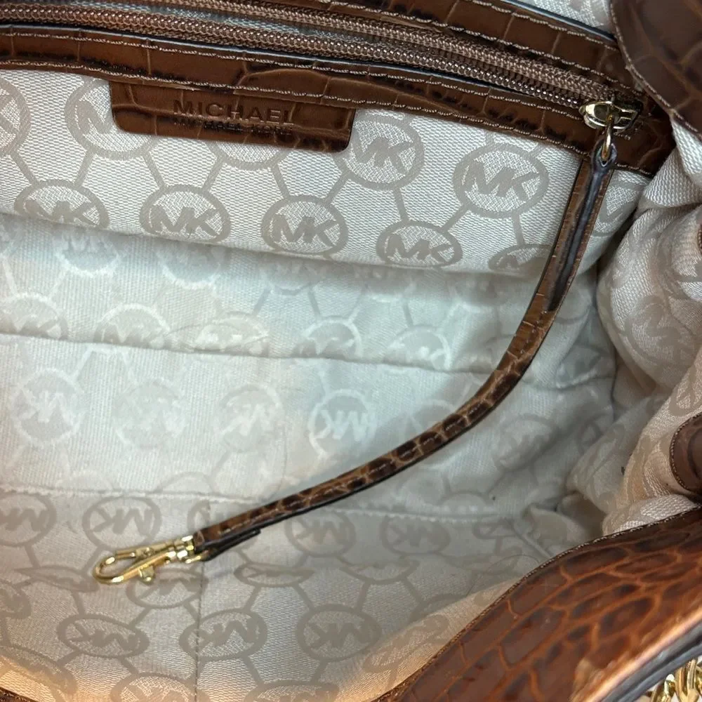 Michael Kors Bag Purse Handbag Croc Embossed Leather Brown Hamilton Tote Bag